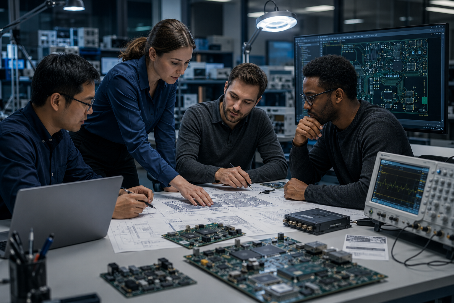Engineers collaborating on embedded hardware design