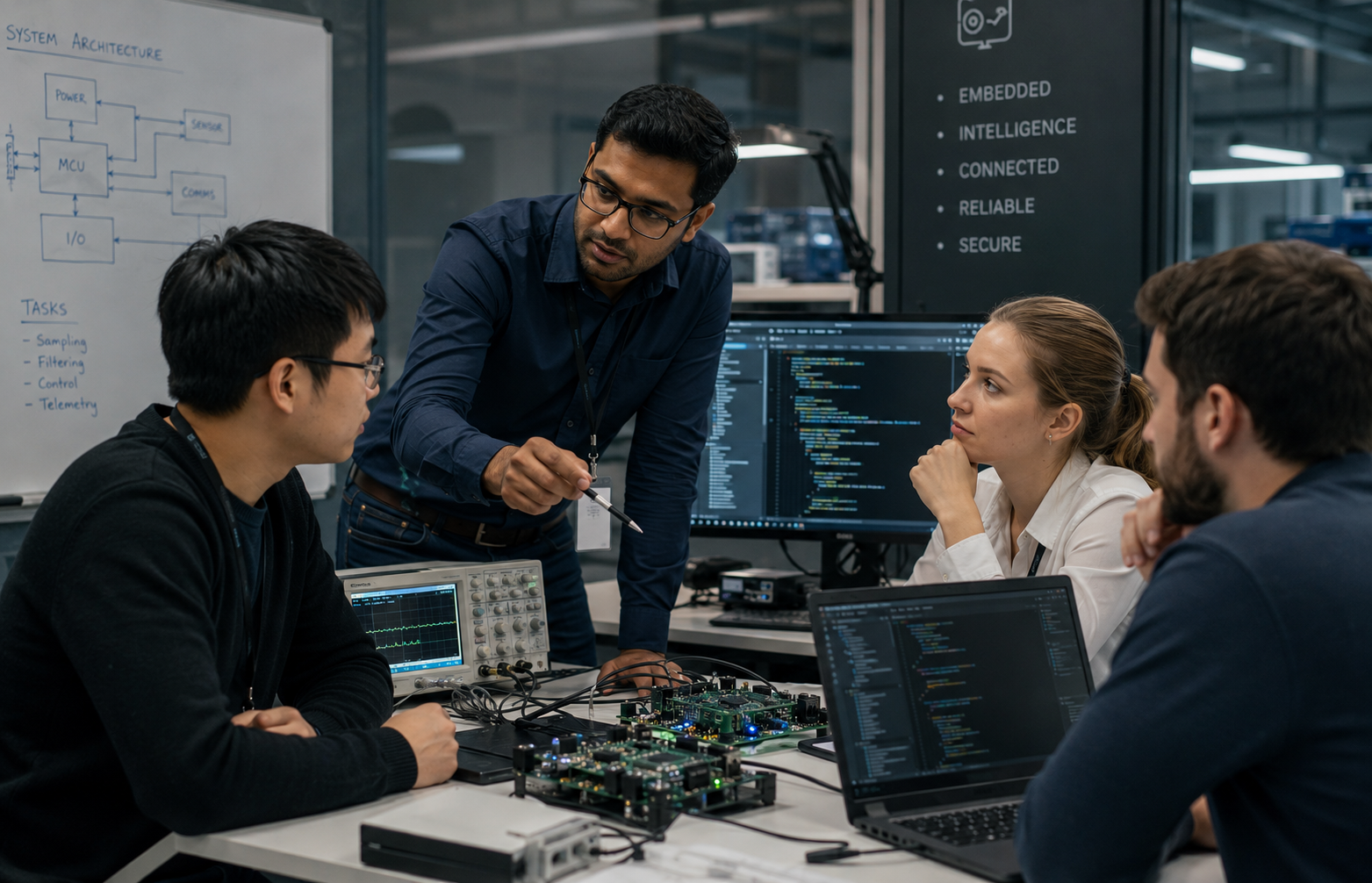Embedded engineers collaborating in an electronics laboratory