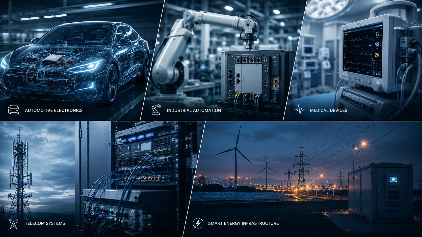 Technical montage of automotive, industrial, medical and energy systems