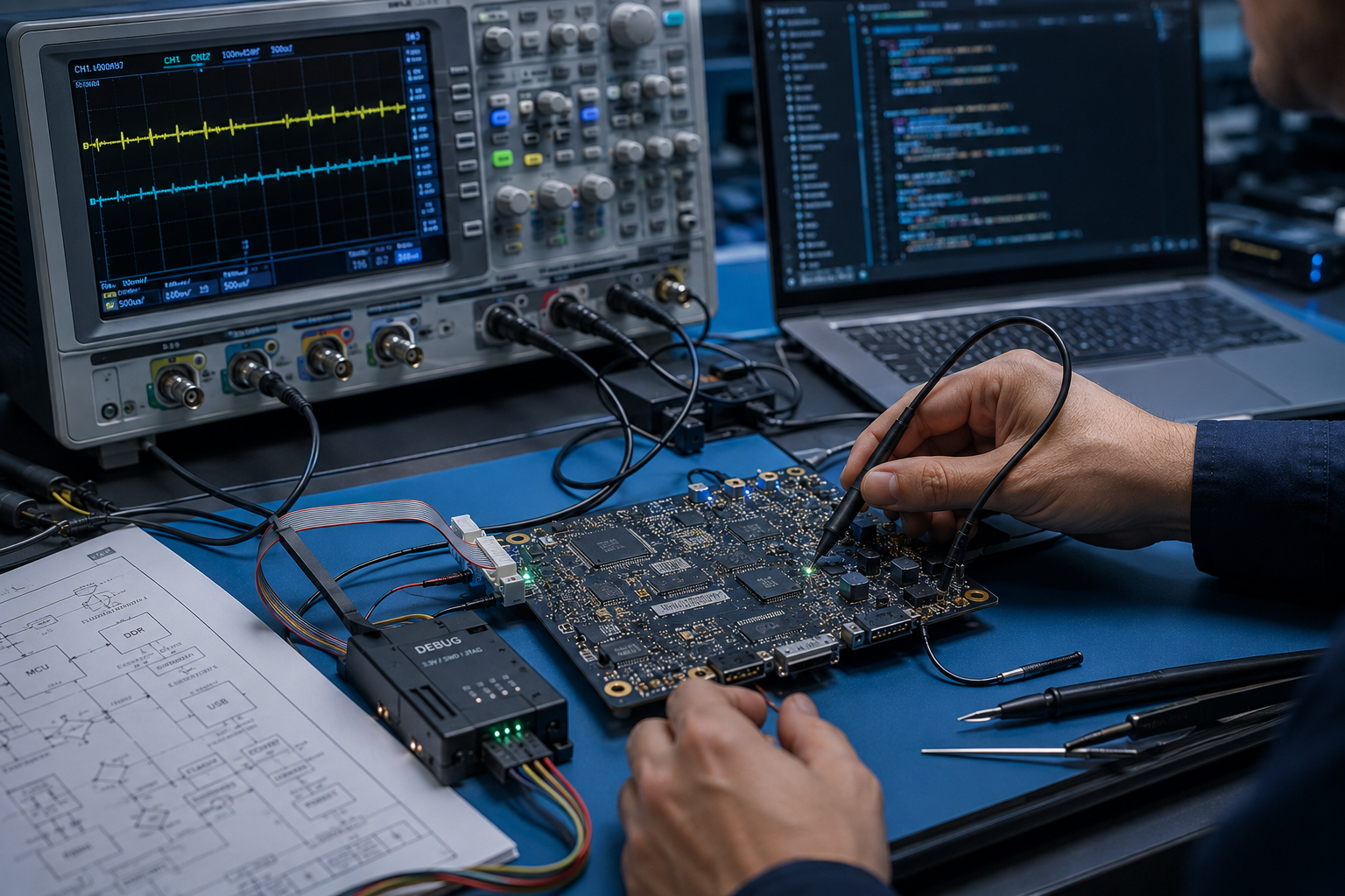 Engineer debugging embedded firmware with laboratory instruments